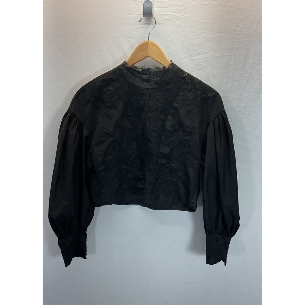 Zara Black Embroidered taffeta Balloon Sleeve lace high neck Goth SM victorian